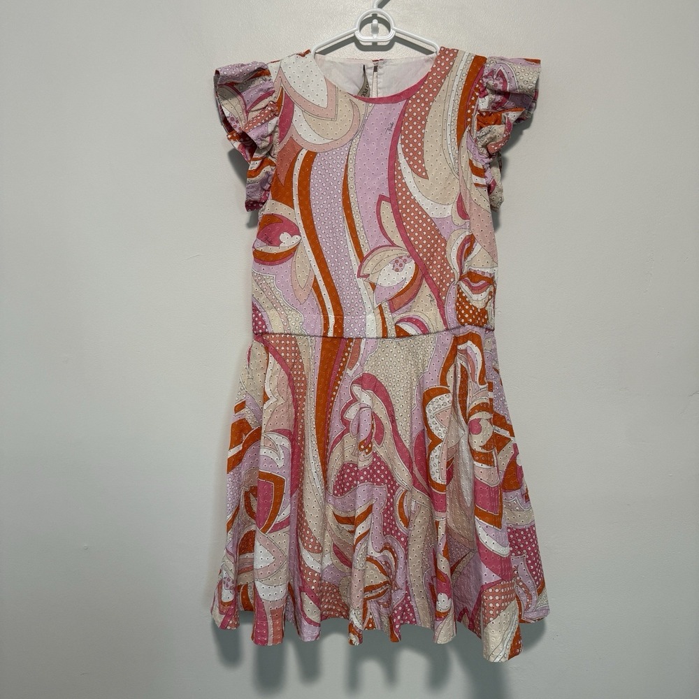 Emilio Pucci Eyelet Ruffle Sleeve Orange Pink Abstract Floral Dress Girl Size 12
